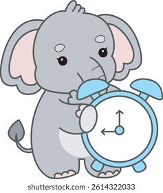 Cute Elephant vector icon. Funny baby Elephant animal series stock illustration. Life of fluffy Elephant designs.
Beby elephant bring an alarm clock
