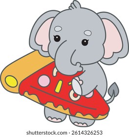 Cute Elephant vector icon. Funny baby Elephant animal series stock illustration. Life of fluffy Elephant designs.
baby elephant bring a big pizza