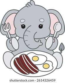 Cute Elephant vector icon. Funny baby Elephant animal series stock illustration. Life of fluffy Elephant designs.
baby elephant dinner with bacon and eggs