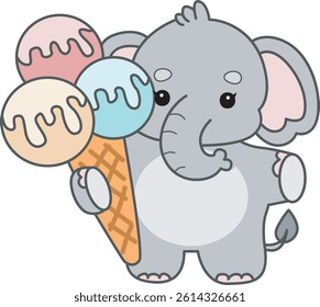 Cute Elephant vector icon. Funny baby Elephant animal series stock illustration. Life of fluffy Elephant designs.
baby elephant bring an ice cream three scoops