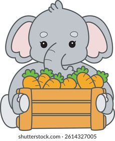 Cute Elephant vector icon. Funny baby Elephant animal series stock illustration. Life of fluffy Elephant designs.
baby elephant bring a lot of carrots
