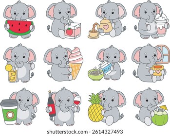 Cute Elephant vector icon. Funny baby Elephant animal series stock illustration. Life of fluffy Elephant designs.
baby elephant in the variation of drink and beverage 