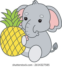 Cute Elephant vector icon. Funny baby Elephant animal series stock illustration. Life of fluffy Elephant designs.
baby elephant bring a pineapple

