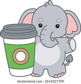 Cute Elephant vector icon. Funny baby Elephant animal series stock illustration. Life of fluffy Elephant designs.
baby elephant bring a hot coffee
