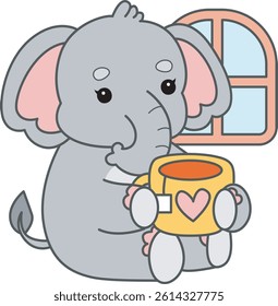 Cute Elephant vector icon. Funny baby Elephant animal series stock illustration. Life of fluffy Elephant designs.
baby elephant drinking a hot tea