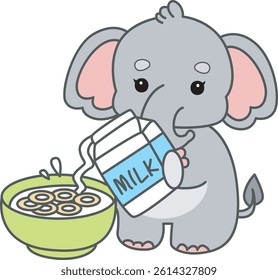 Cute Elephant vector icon. Funny baby Elephant animal series stock illustration. Life of fluffy Elephant designs.
baby elephant pouring a milk into cereal
