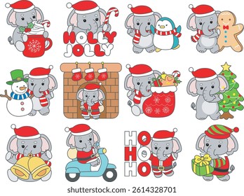 Cute Elephant vector icon. Funny baby Elephant animal series stock illustration. Life of fluffy Elephant designs.
baby elephant in the variation of Christmas eve