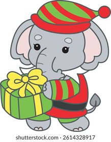 Cute Elephant vector icon. Funny baby Elephant animal series stock illustration. Life of fluffy Elephant designs.
baby elephant with dwarf costume bring a gift