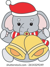 Cute Elephant vector icon. Funny baby Elephant animal series stock illustration. Life of fluffy Elephant designs.
baby elephant with bells of christmas