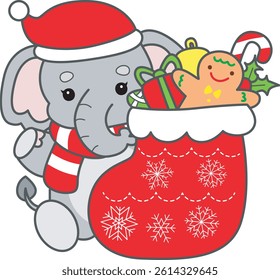 Cute Elephant vector icon. Funny baby Elephant animal series stock illustration. Life of fluffy Elephant designs.
baby Santa elephant bring a gift socks