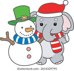 Cute Elephant vector icon. Funny baby Elephant animal series stock illustration. Life of fluffy Elephant designs.
baby Santa elephant with snowman