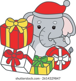 Cute Elephant vector icon. Funny baby Elephant animal series stock illustration. Life of fluffy Elephant designs.
baby Santa elephant with a lot of gift