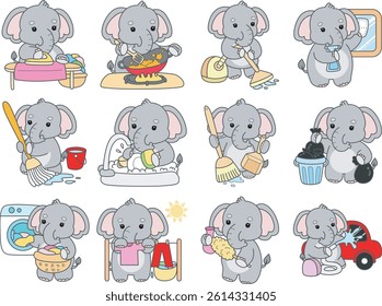 Cute Elephant vector icon. Funny baby Elephant animal series stock illustration. Life of fluffy Elephant designs.
baby elephant with variation of chores and laundry