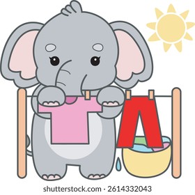 Cute Elephant vector icon. Funny baby Elephant animal series stock illustration. Life of fluffy Elephant designs.
baby elephant laundry the clothes and pants under the sun