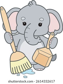 Cute Elephant vector icon. Funny baby Elephant animal series stock illustration. Life of fluffy Elephant designs.
baby elephant cleaning the floor with broom  and duster
