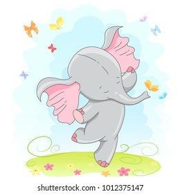 Cute elephant  vector illustration. Cartoon hand drawn  animal  print  for t-shirts baby, design, print fashion  kids, baby shower, cards and posters