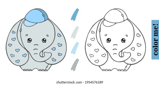 Cute Elephant Vector Illustration for Coloring Book for children. Color and Outline Image of Elephant on isolated background. Cartoon Style Illustration
