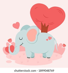 Cute elephant vector illustration, Vector image of elephant and heart on background with love