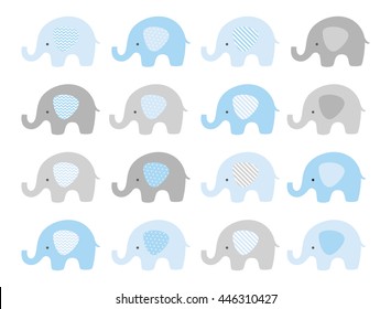Cute elephant vector set. Vector elephants with patterned ears. Blue and Gray.