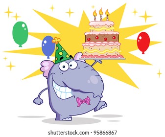 Cute Elephant Walking With Birthday Cake And Balloons.Vector Illustration