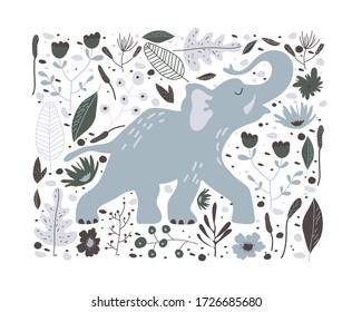 Cute Elephant Walking in Jungle Among Foliage Hand Drawn Vector Illustration. Zoo Animal with Trunk and Rainforest Fauna Poster
