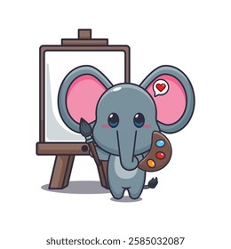 Cute elephant wants to paint on canvas cartoon vector illustration. vector cartoon illustration suitable for poster, brochure, web, mascot, sticker, logo and icon.