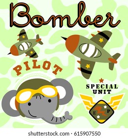 Cute elephant wearing flying goggles with fighter jet, military elements on camouflage background, vector cartoon illustration