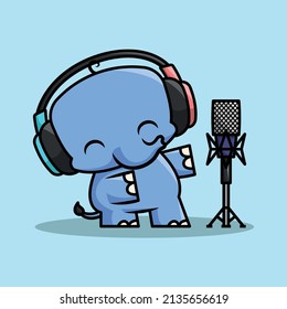 UN ELEFANTE CUIDADO ESTÁ USANDO TELÉFONO DE CABEZA Y CANTANDO FRENTE AL REGISTRO. VECTOR DE CARICATURA PREMIUM.