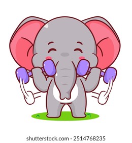 Vetor de desenho animado de exercício de levantamento de peso de elefante bonito. Adorável e design de conceito de animal kawaii. Mascote, ícone, ilustração de logotipo. Fundo branco isolado