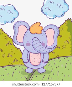 cute elephant wild animal with bushes and clouds