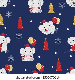 Cute elephant in winter costume seamless pattern. Wildlife animal in Christmas holidays outfit background.
