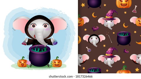 a cute elephant with witch costume halloween character collection. seamless pattern and illustration designs