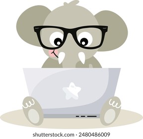 Cute elephant working with laptop