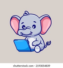 Cute Elephant Working On Laptop Cartoon Vector Icon Illustration. Animal Technology Icon Concept Isolated Premium Vector. Flat Cartoon Style