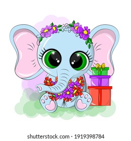 Cute elephant with a wreath on his head. Cheerful baby elephant sits with a bouquet of flowers and gifts nearby. The animal is made in a cartoon style using colorful flowers.