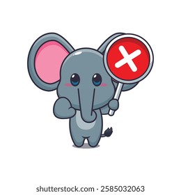 Cute elephant with wrong sign cartoon vector illustration. vector cartoon illustration suitable for poster, brochure, web, mascot, sticker, logo and icon.