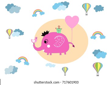 Cute Elephants with 3D balloons, rainbow, hot air balloon and clouds vector isolated on white background. Use as wallpaper