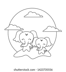 cute elephants animals in landscape