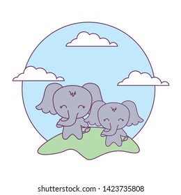 cute elephants animals in landscape