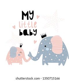 Cute elephants. Baby elephant. Pink and blue elephants on a white isolated background. Vector children's illustration. Suitable for fabric, wallpaper, clothing, posters, cards.