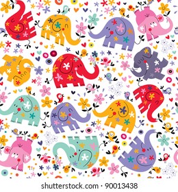 cute elephants, birds & flowers pattern