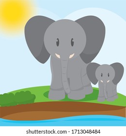 Cute elephants cartoon over a natural landscape cartoon - Vector