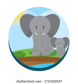 Cute elephants cartoon over a natural landscape cartoon - Vector