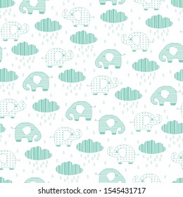 Cute elephants for children`s background on a seamless pattern