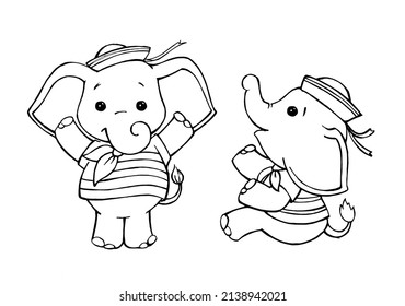 cute, elephants, in clothes. Contour drawing, tropical animals, for coloring books. Vector illustration, in cartoon style.