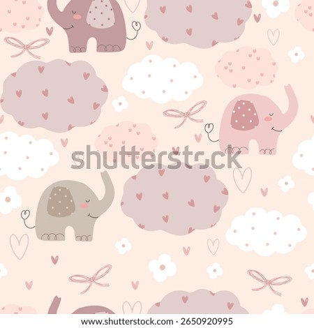 Cute elephants, clouds , flowers and hearts, hand drawn seamless pattern. Vector illustration with animals and clouds.
