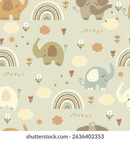 Cute elephants, clouds, sun,  flowers and rainbows, seamless pattern. Vector illustration with hand drawn animals for wrapping paper, wallpaper, fabric.