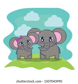 cute elephants couple characters vector illustration