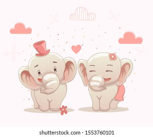 cute elephants couple love each other