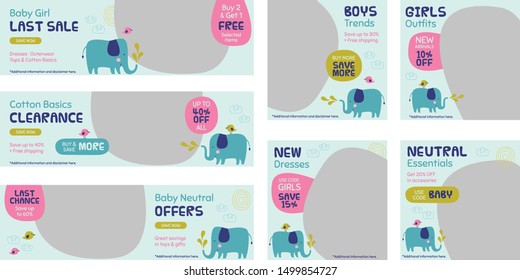 Cute elephants design set for kids/babies fashion sale promotion on social media, website and flyers. Flat graphic design template. Web template. Web banners. Flyer design. 